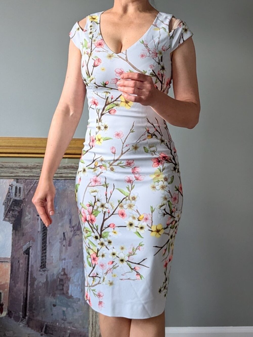 Karen Millen US 4 Pale Blue Cherry Blossoms Cocktail Event Knee-Length Dress
